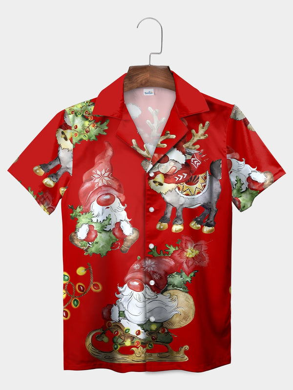 Red Santa Gnomes Reindeer Holiday Cartoon Short Sleeve Hawaiian Shirt  Front