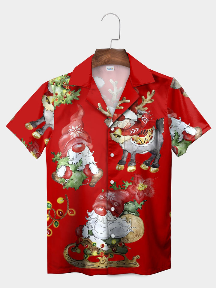 Red Santa Gnomes Reindeer Holiday Cartoon Short Sleeve Hawaiian Shirt  Pocket