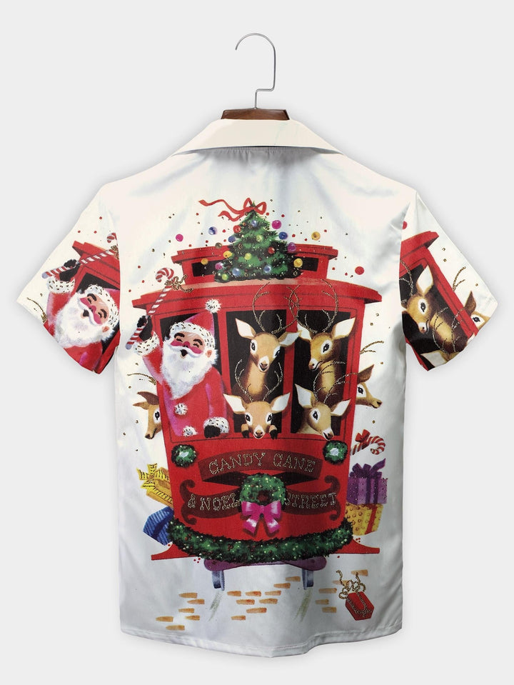 Red Santa Reindeer Trolley Candy Cane Short Sleeve Aloha Shirt  Back