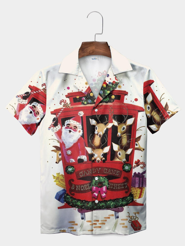 Red Santa Reindeer Trolley Candy Cane Short Sleeve Aloha Shirt  Front