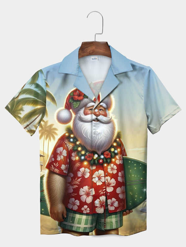 Red Santa Tropical Beach Surfboard Palm Tree Short Sleeve Hawaiian Shirt  Front