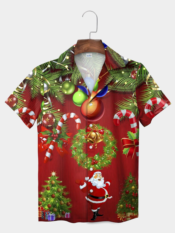 Red Santa Wreath Candy Canes Christmas Tree Short Sleeve Aloha Shirt  Front