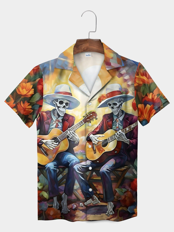 Red Skeleton Guitar Serenade Duo Art Short Sleeve Hawaiian Shirt  Front