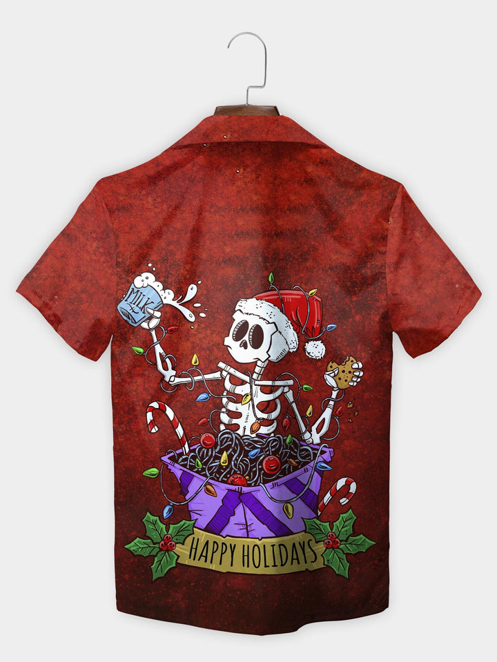 Red Skeleton Santa In Holiday Candy Bowl Short Sleeve Aloha Shirt  Back