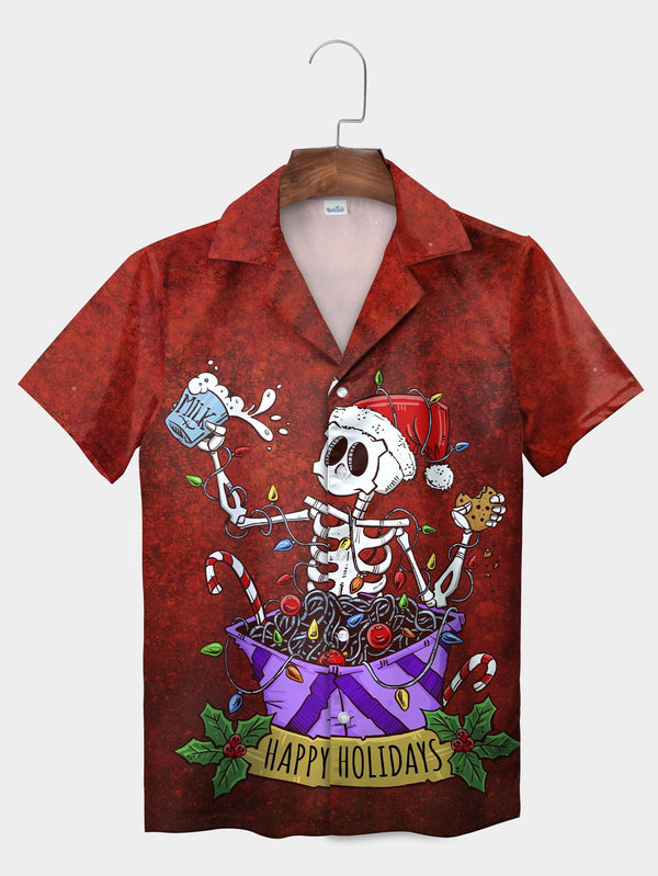 Red Skeleton Santa In Holiday Candy Bowl Short Sleeve Aloha Shirt  Front