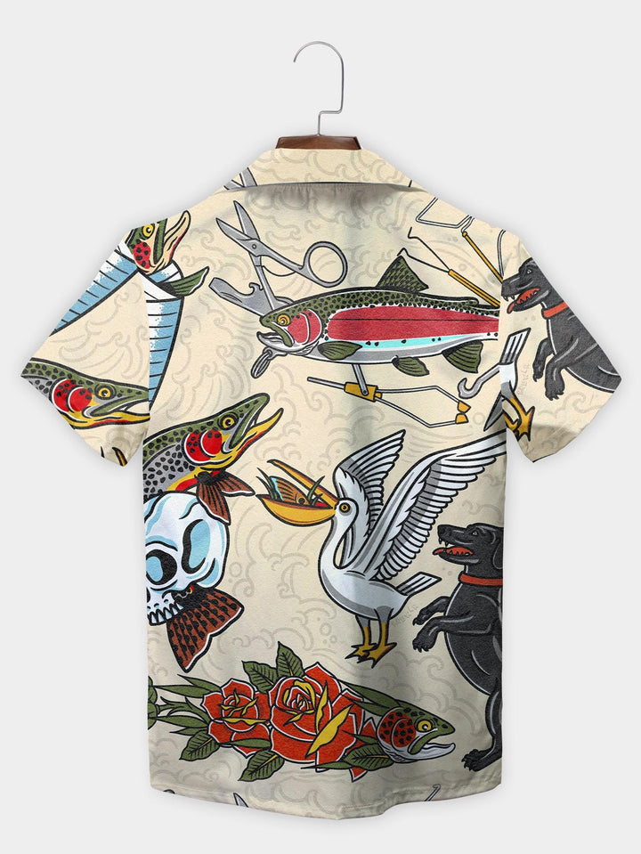 Red Skull Fish Bird Tattoo Inspired Graphic Short Sleeve Aloha Shirt  Back