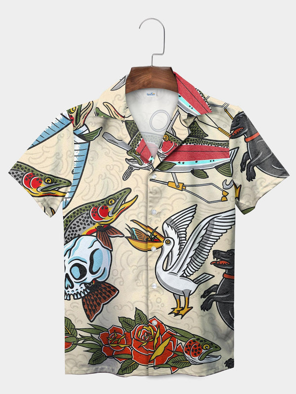 Red Skull Fish Bird Tattoo Inspired Graphic Short Sleeve Aloha Shirt  Front