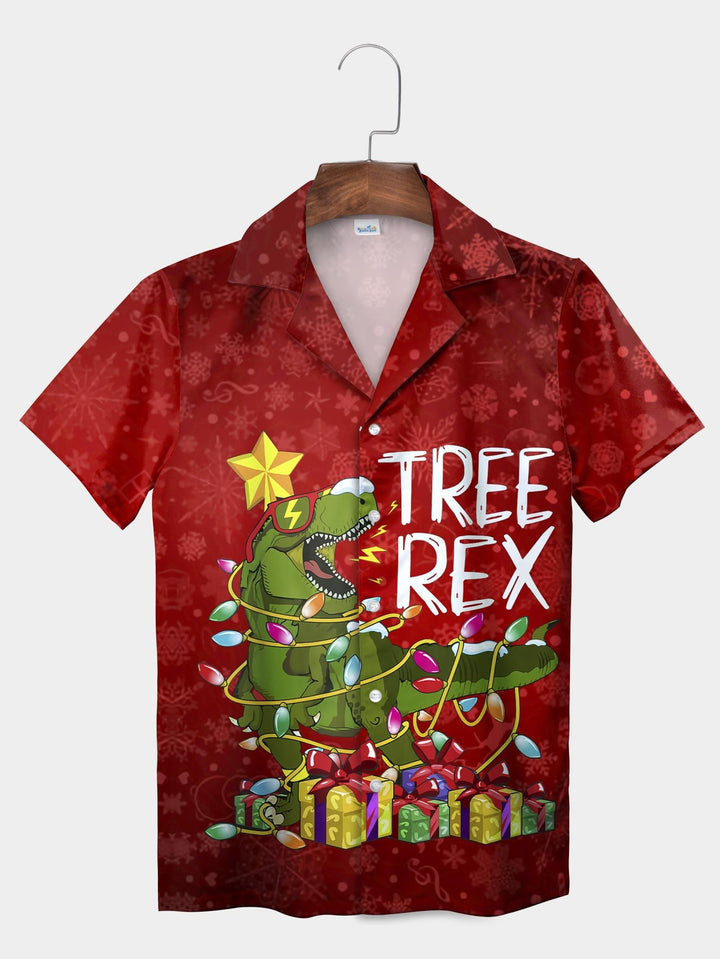 Red T-Rex Wrapped Lights Christmas Dinosaur Short Sleeve Aloha Shirt  Front