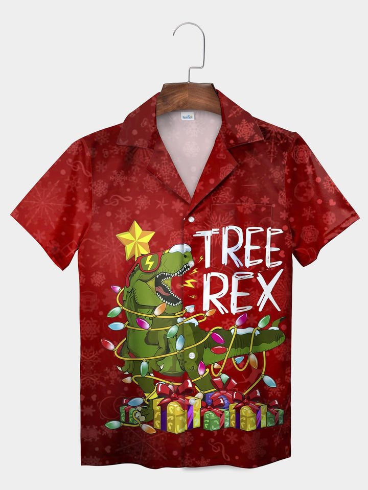 Red T-Rex Wrapped Lights Christmas Dinosaur Short Sleeve Aloha Shirt  Pocket