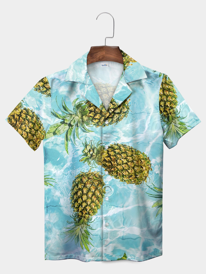 Refreshing Blue Pineapple Splash Short Sleeve Hawaiian Shirt  Pocket