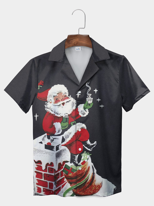 Black Retro Santa Claus Chimney Christmas Festive Hawaiian Shirt