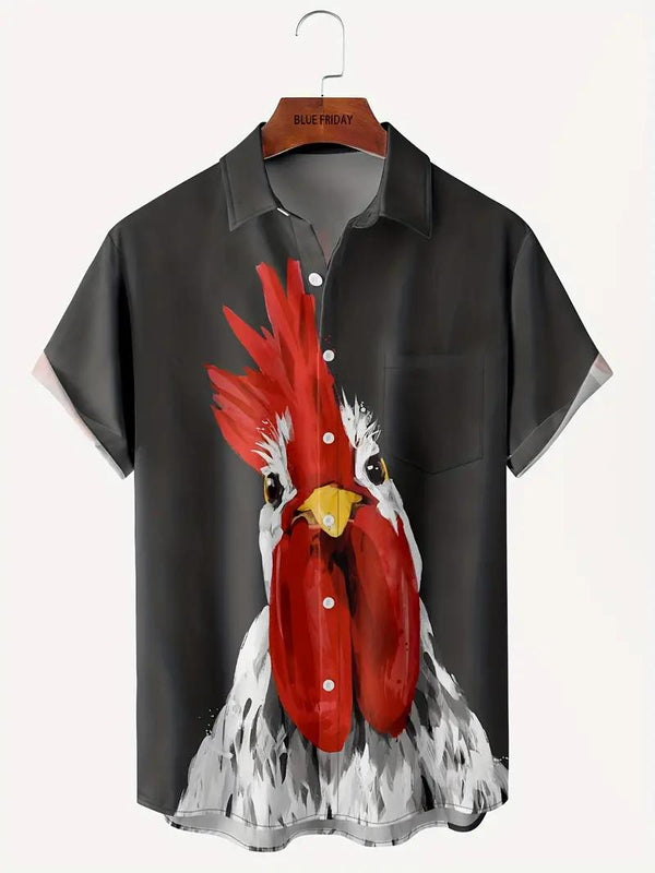 Rooster Morning Casual Hawaiian Short Sleeve Shirt  Front