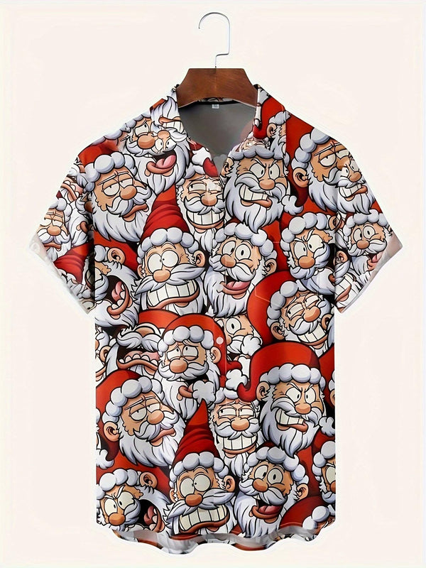 Santa Claus Cartoon Faces Festive Design Holiday Theme Short Sleeve Hawaiian Shirt  Front