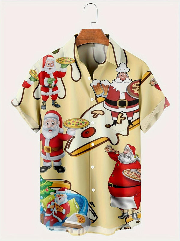 Santa Claus Eating Pizza And Drinking Beer Fun Christmas Short Sleeve Hawaiian Shirt  Front