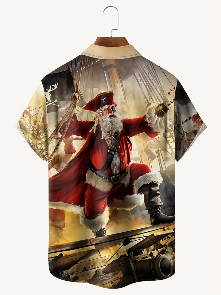 Santa Claus Pirate Swinging Sword On Ship Short Sleeve Hawaiian Shirt  Back