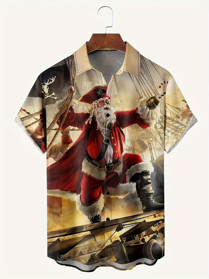 Santa Claus Pirate Swinging Sword On Ship Short Sleeve Hawaiian Shirt  Front