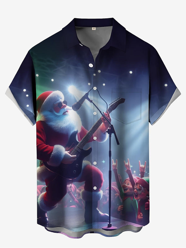 Santa Claus Rock Concert Music Guitar Performance Festive Christmas Short Sleeve Hawaiian Shirt  Front