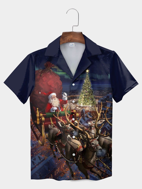 Blue Santa Claus Sleigh Ride Over City Christmas Hawaiian Shirt