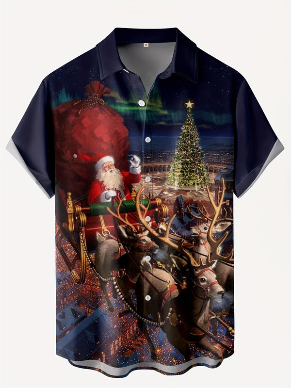 Santa Claus Sleigh Ride Over City Christmas Night Festive Print Short Sleeve Hawaiian Shirt  Front