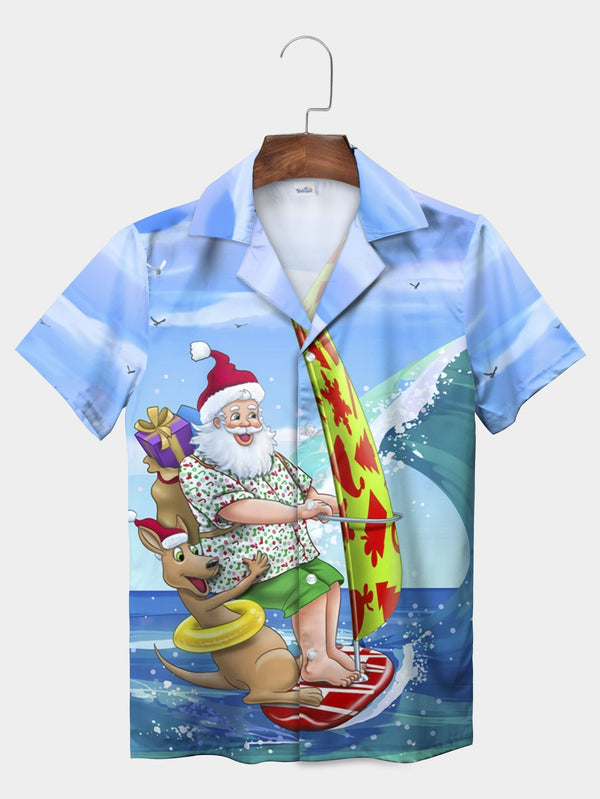 Blue Santa Surfing Kangaroo Funny Hawaiian Shirt