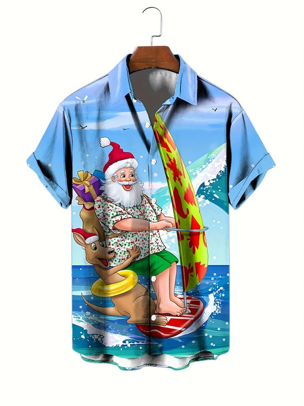 Santa Surfing Tropical Wave Kangaroo Festive Funny Design Short Sleeve Hawaiian Shirt  Front