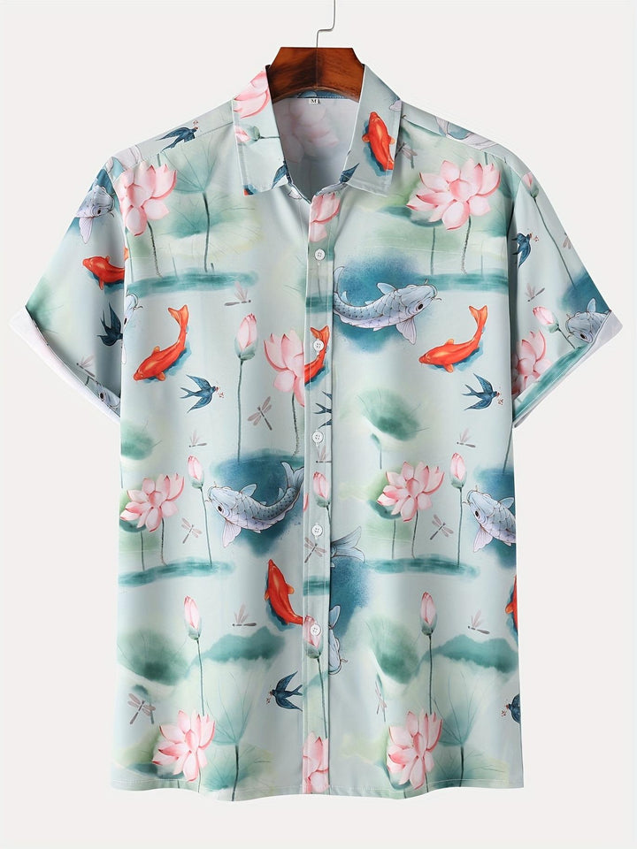 Serene Koi Pond And Lotus Blossom Print Short Sleeve Hawaiian Shirt  Front