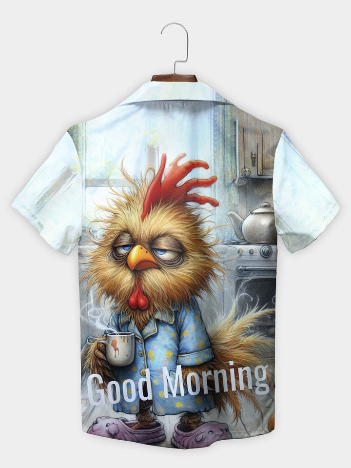 Sleepy Blue Rooster Morning Coffee Short Sleeve Hawaiian Shirt  Back