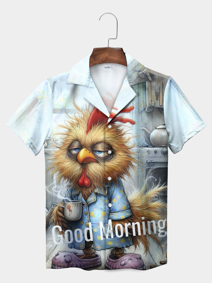 Sleepy Blue Rooster Morning Coffee Short Sleeve Hawaiian Shirt  Front