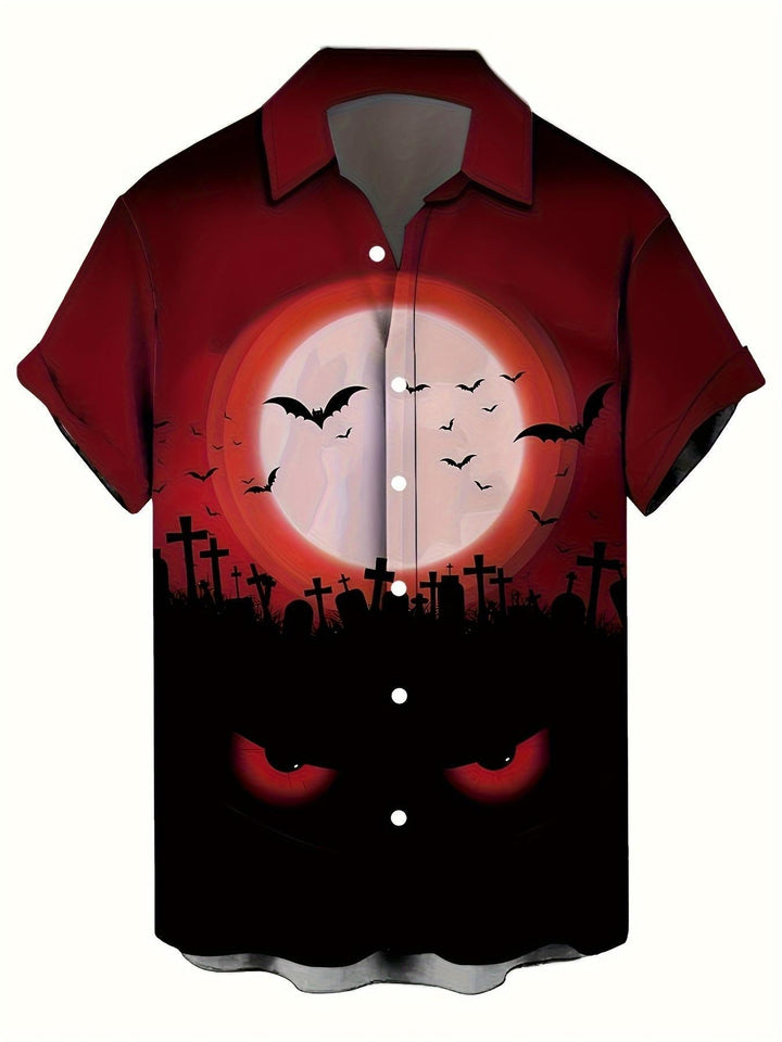 Spooky Graveyard And Glowing Eyes Short Sleeve Hawaiian Shirt  Front