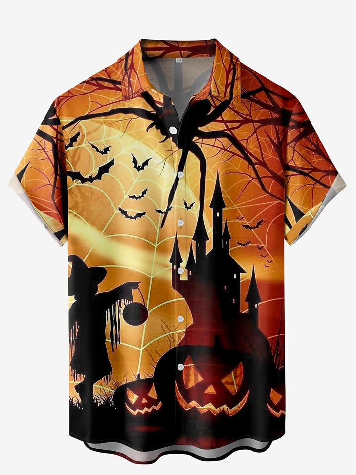 Spooky Halloween Night Scene Print Short Sleeve Hawaiian Shirt  Front