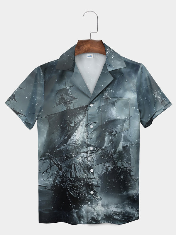 Stormy Gray Pirate Ship Battle In Rain Boat Short Sleeve Hawaiian Shirt  Front