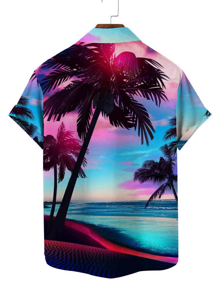 Sunset Palm Trees Retro Hawaiian Short Sleeve Shirt Back