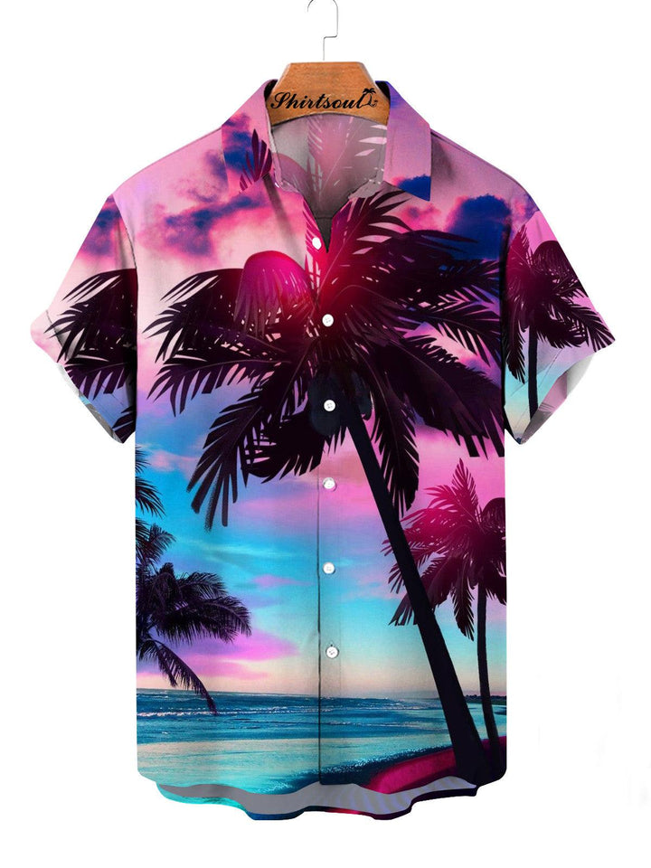 Sunset Palm Trees Retro Hawaiian Short Sleeve Shirt Front