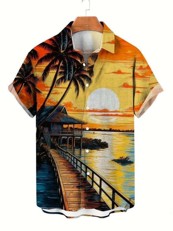 Sunset Pier View Hawaiian Short Sleeve Shirt  Front