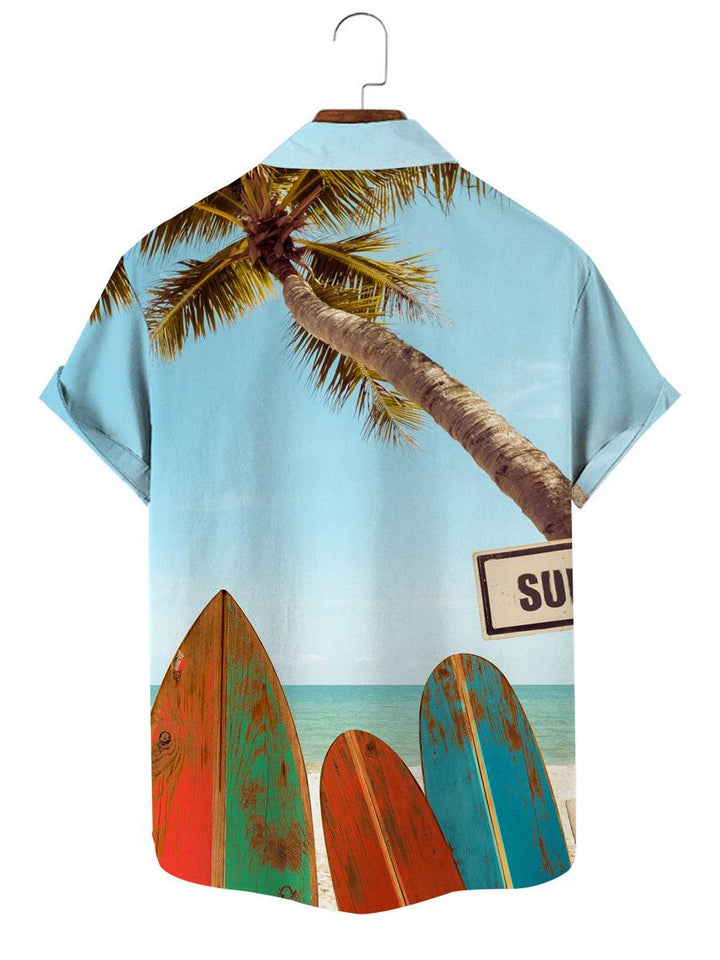 Surfboard Coconut Beach Hawaiian Short Sleeve Shirt Back