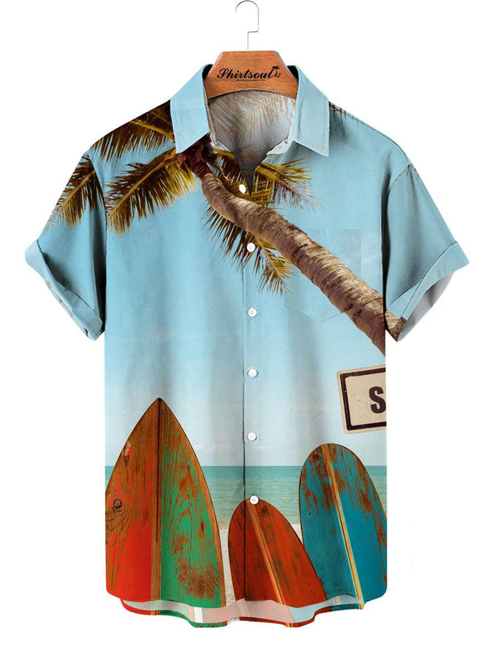 Surfboard Coconut Beach Hawaiian Short Sleeve Shirt Front