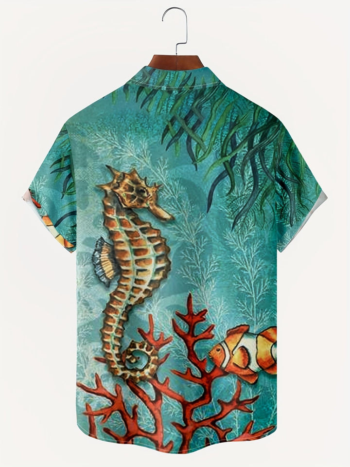 Teal Underwater Scene With Seahorse And Clownfish Vibrant Coral Reef Design Short Sleeve Hawaiian Shirt  Back