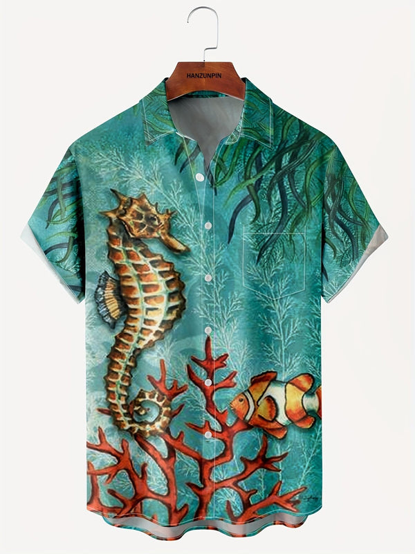 Teal Underwater Scene With Seahorse And Clownfish Vibrant Coral Reef Design Short Sleeve Hawaiian Shirt  Front