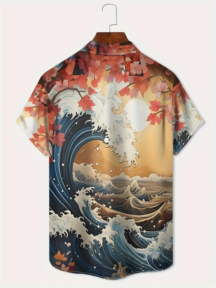 The Great Wave with Autumn Leaves Short Sleeve Hawaiian Shirt  Back