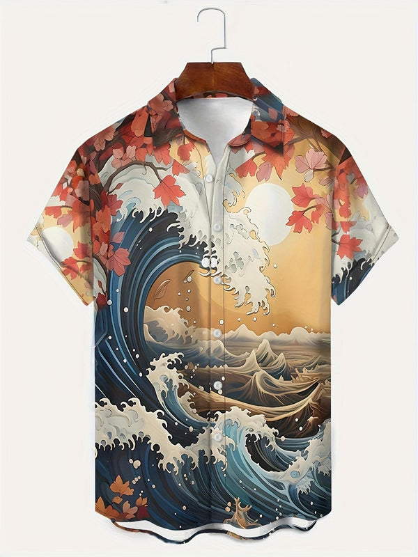 The Great Wave with Autumn Leaves Short Sleeve Hawaiian Shirt  Front