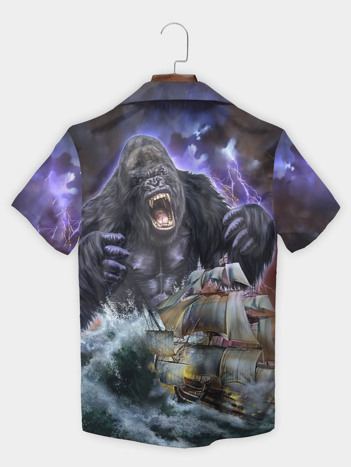 Thunderstorm Black Bigfoot Pirate Ship Boat Short Sleeve Hawaiian Shirt  Back