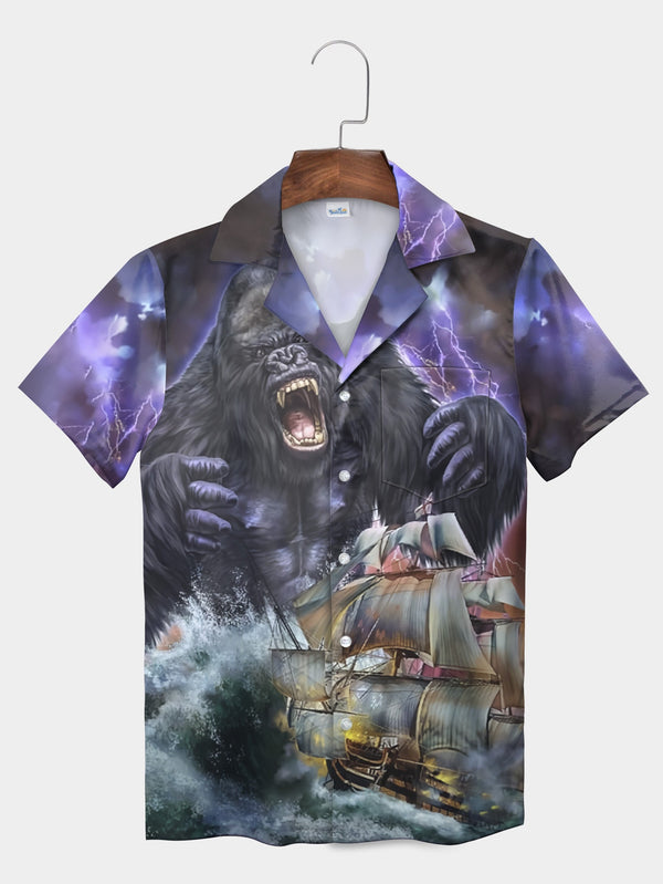 Thunderstorm Black Bigfoot Pirate Ship Boat Short Sleeve Hawaiian Shirt  Front