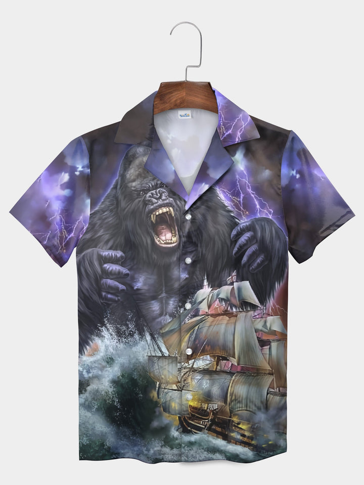 Thunderstorm Black Bigfoot Pirate Ship Boat Short Sleeve Hawaiian Shirt  Pocket