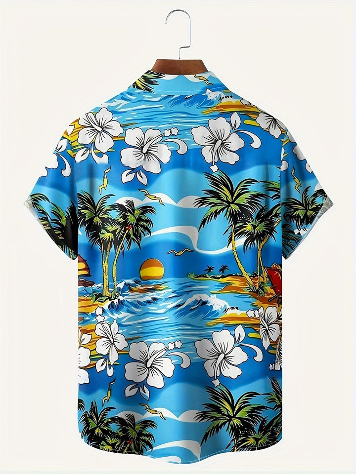 Tropical Beach Scene Floral Coconut Tree Print Short Sleeve Hawaiian Shirt  Back