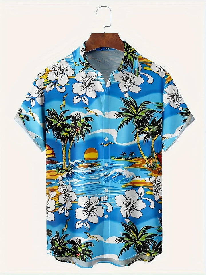 Tropical Beach Scene Floral Coconut Tree Print Short Sleeve Hawaiian Shirt  Front