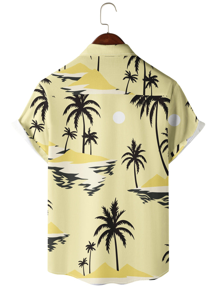 Tropical Coconut Tree Print Yellow Black Short Sleeve Hawaiian Shirt  Back