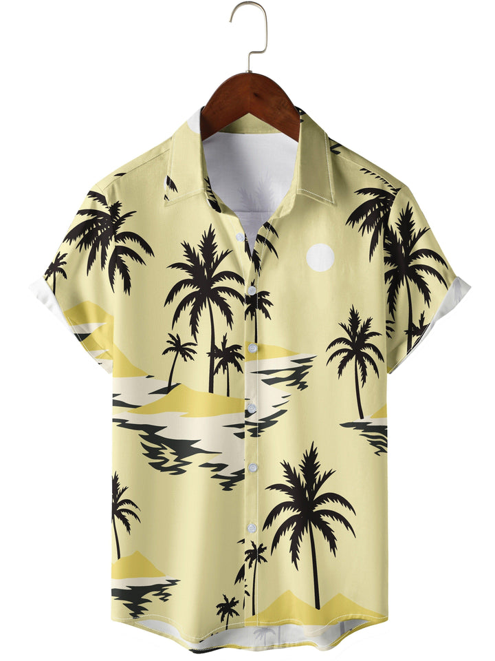 Tropical Coconut Tree Print Yellow Black Short Sleeve Hawaiian Shirt  Front