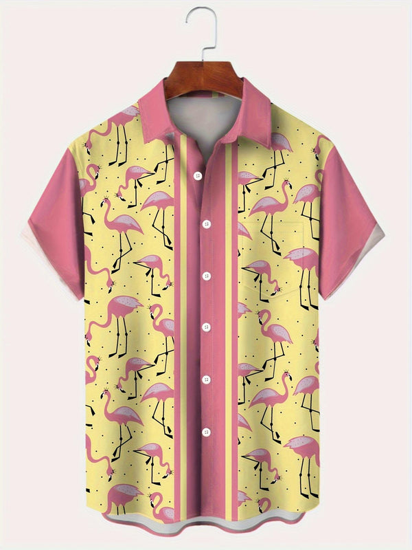 Tropical Flamingo Funny Print Pink on Yellow Vibrant Design Short Sleeve Hawaiian Shirt  Front