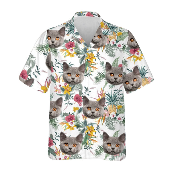 Custom Tropical Grey Cat Face Hawaiian Shirt