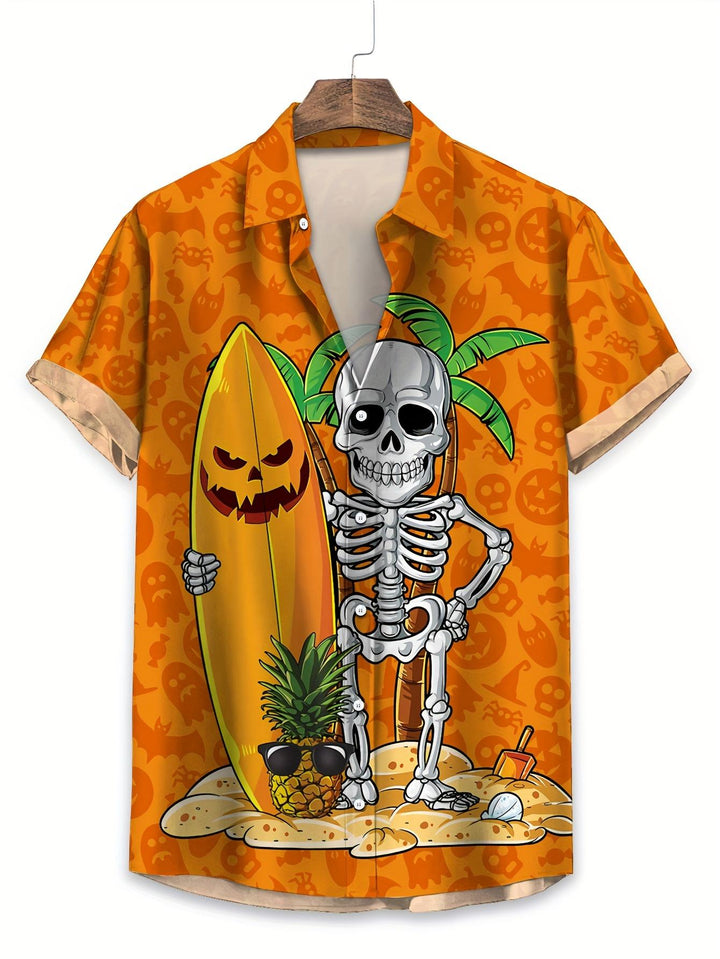 Tropical Halloween Skeleton with Surfboard and Pineapple Beach Theme Short Sleeve Hawaiian Shirt  Front